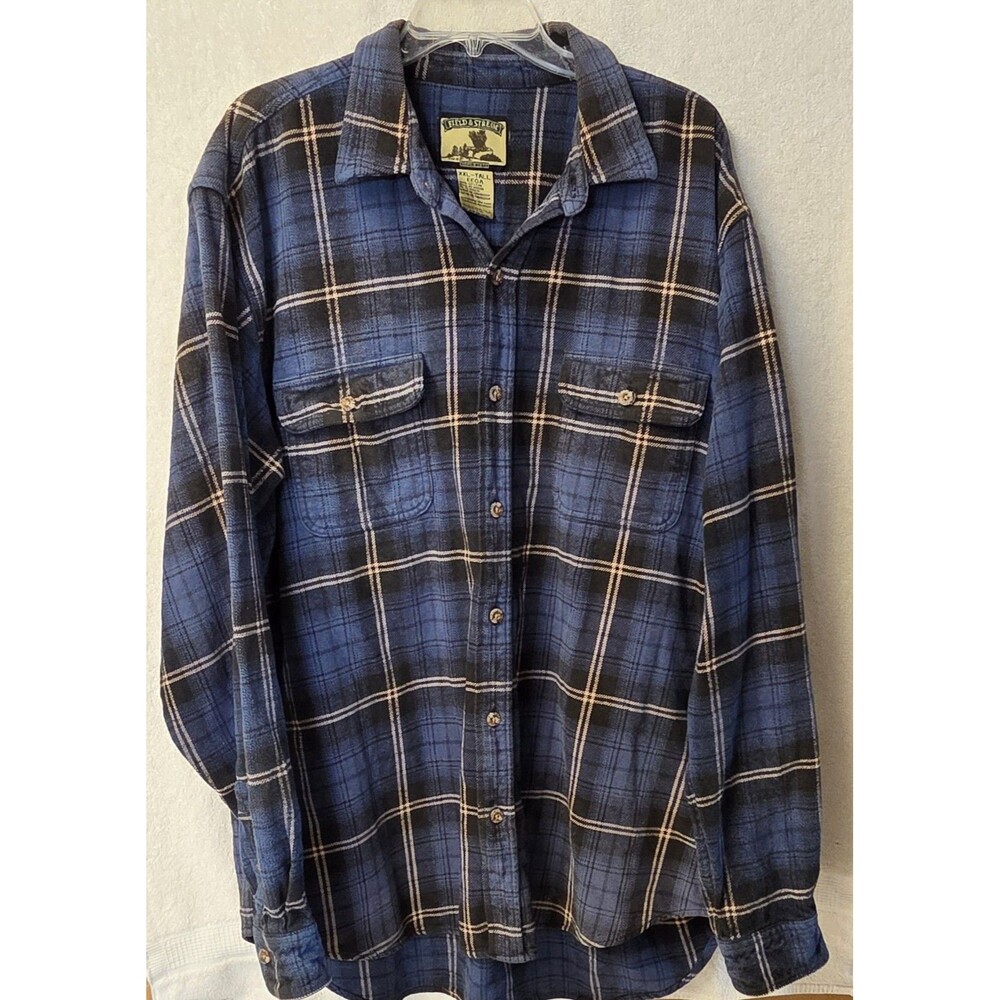 Vintage Field & Stream Flannel Shirt Mens XXL Tall Blue Plaid Heavyweight Work